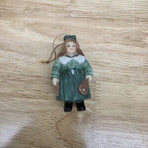 VINTAGE GIRL GREEN DRESS With Fiddle CHRISTMAS Ceramic ORNAMENT 3in